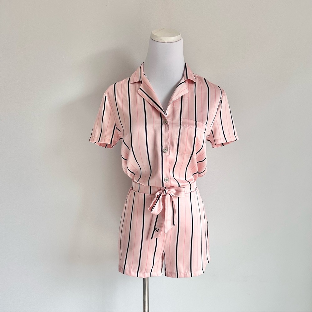 Victoria's Secret Dream Angels Pink Striped Satin Button-front Romper